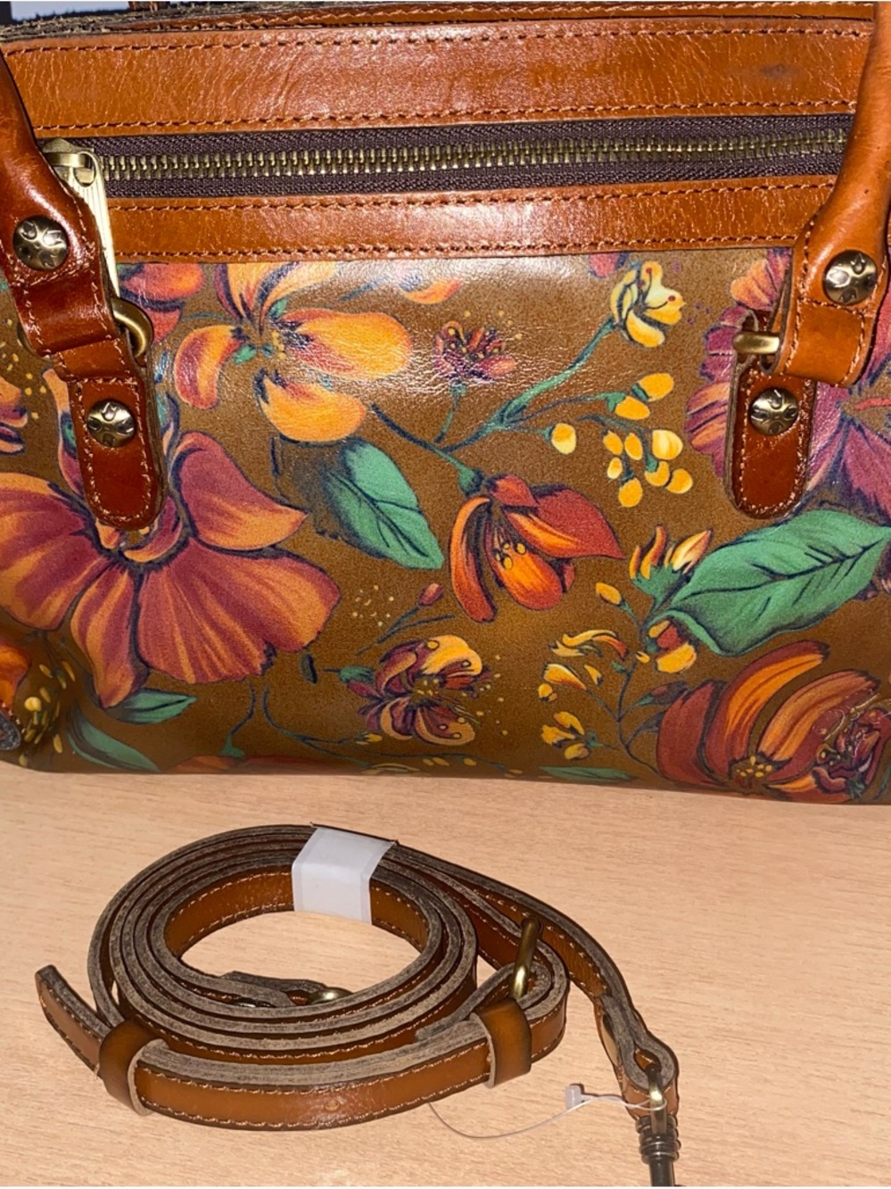 Patricia Nash Brown Floral Leather Satchel